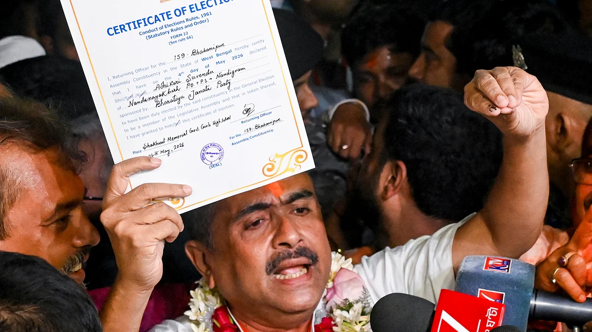 Suvendu Adhikari holds the Form 22 Certificate of Election from 159-Bhabanipur Assembly Constituency, 6 May 2026